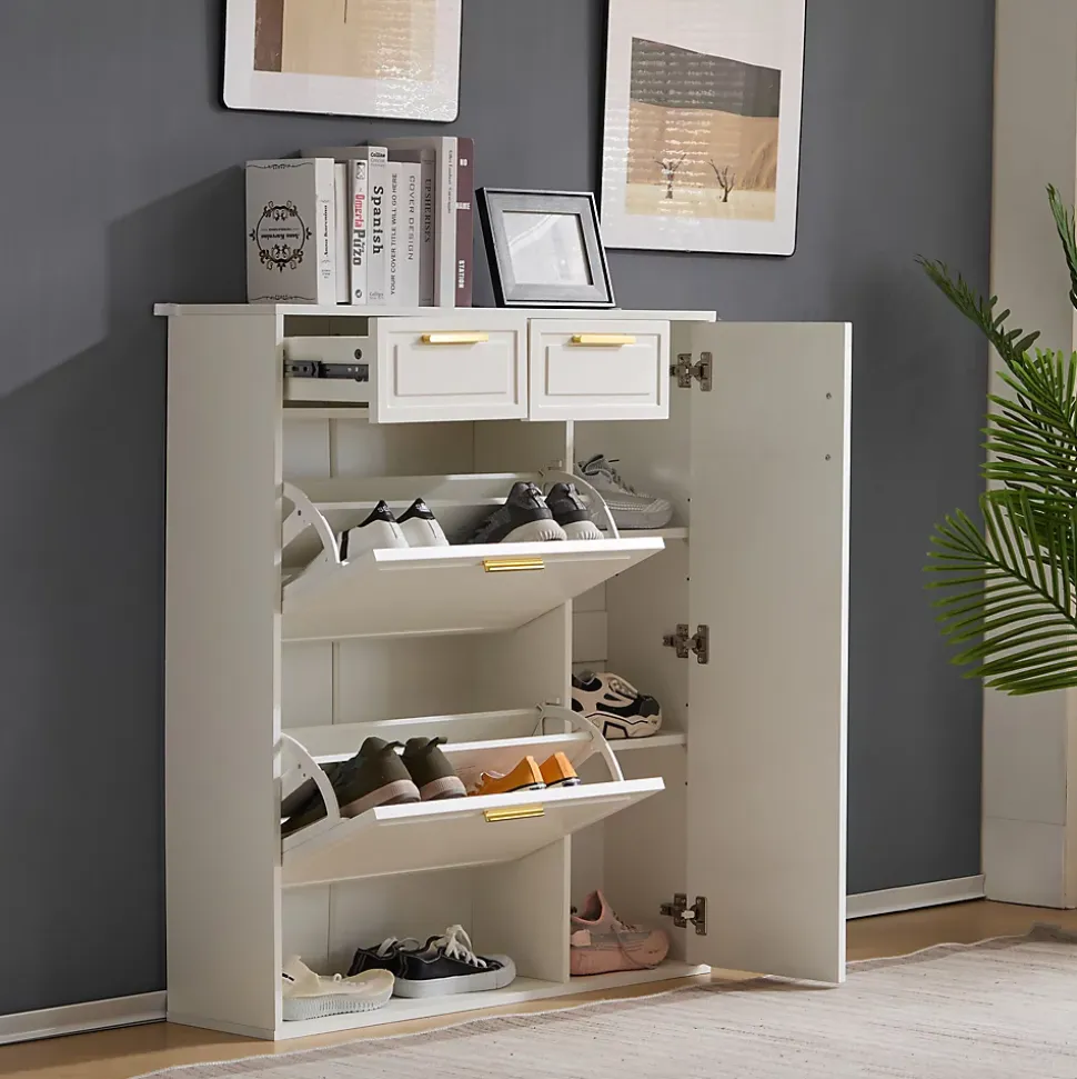 Meuble à chaussures 95 cm avec étagères réglables 2 tiroirs et poignées dorées, finition blanche pour l'entrée