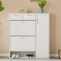 Meuble à chaussures 95 cm avec étagères réglables 2 tiroirs et poignées dorées, finition blanche pour l'entrée