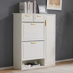 Meuble à chaussures 95 cm avec étagères réglables 2 tiroirs et poignées dorées, finition blanche pour l'entrée