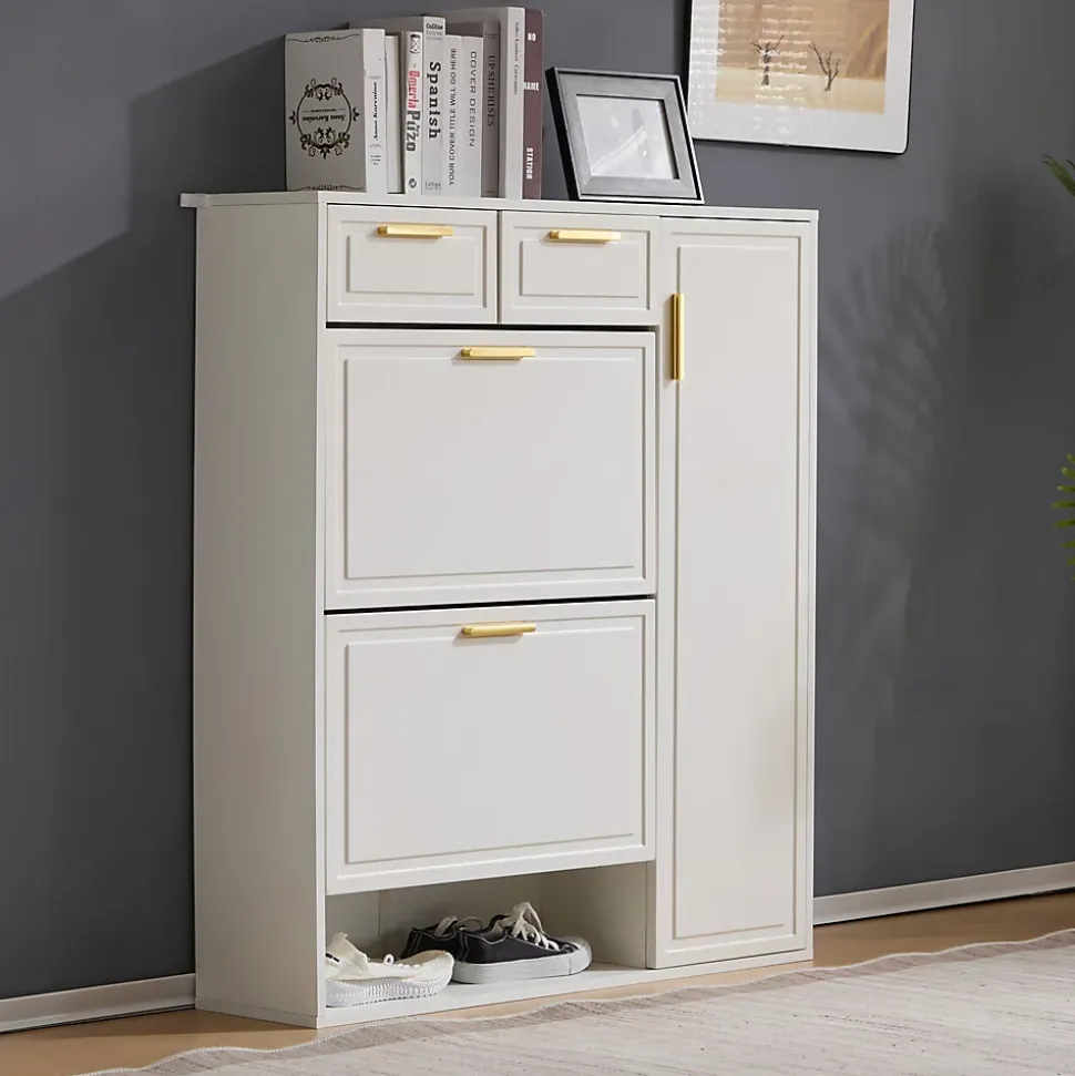 Meuble à chaussures 95 cm avec étagères réglables 2 tiroirs et poignées dorées, finition blanche pour l'entrée
