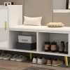 Meuble à chaussures 120 cm avec assise rembourrée et étagères réglables, finition laquée blanche style contemporain