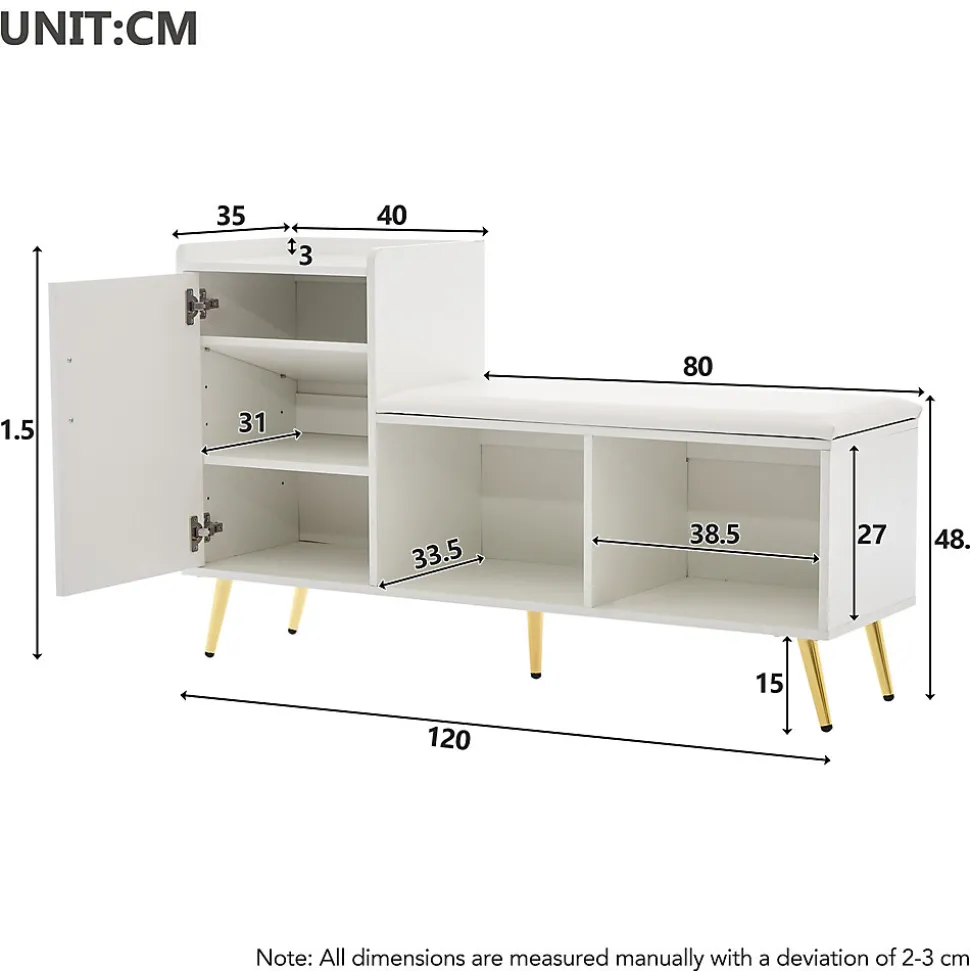 Meuble à chaussures 120 cm avec assise rembourrée et étagères réglables, finition laquée blanche style contemporain