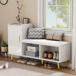 Meuble à chaussures 120 cm avec assise rembourrée et étagères réglables, finition laquée blanche style contemporain