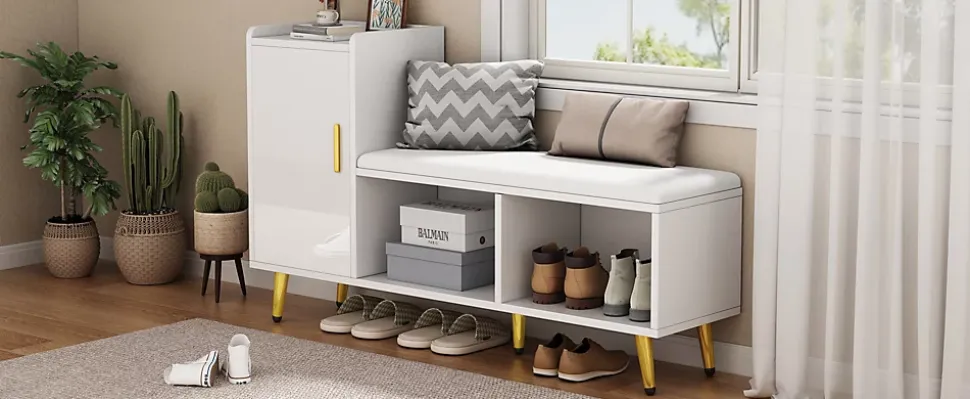 Meuble à chaussures 120 cm avec assise rembourrée et étagères réglables, finition laquée blanche style contemporain