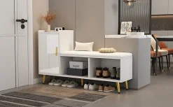 Meuble à chaussures 120 cm avec assise rembourrée et étagères réglables, finition laquée blanche style contemporain