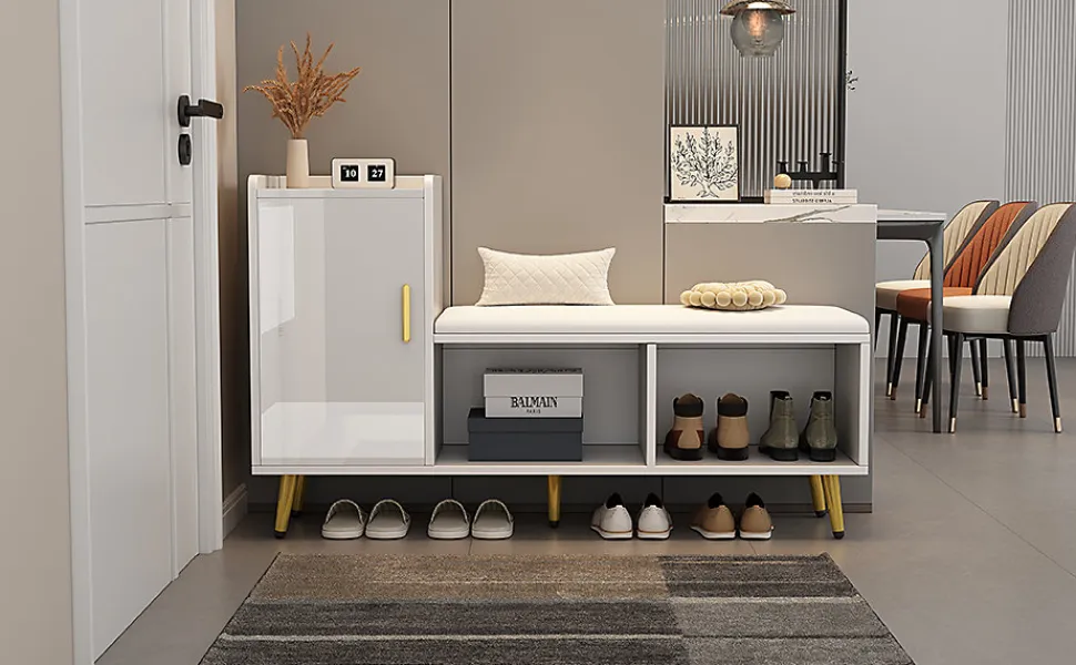Meuble à chaussures 120 cm avec assise rembourrée et étagères réglables, finition laquée blanche style contemporain