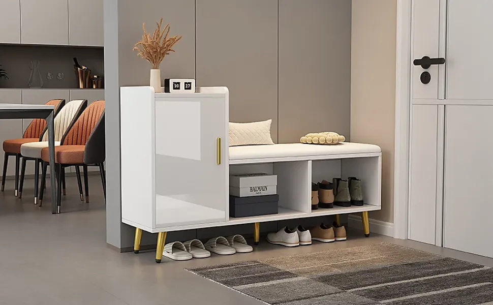 Meuble à chaussures 120 cm avec assise rembourrée et étagères réglables, finition laquée blanche style contemporain