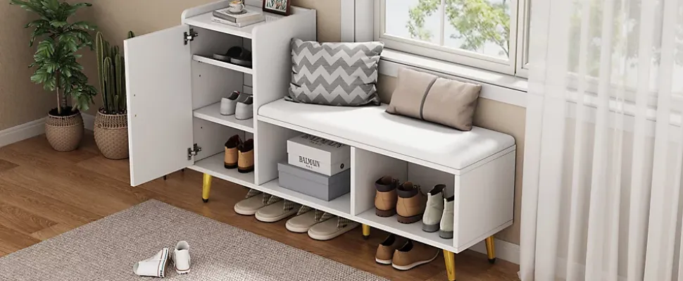 Meuble à chaussures 120 cm avec assise rembourrée et étagères réglables, finition laquée blanche style contemporain