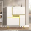 Meuble à chaussures 80 cm avec façade haute brillance et LED 16 couleurs, blanc mat et détails dorés, étagères