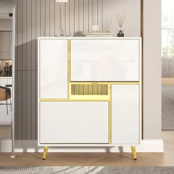 Meuble à chaussures 80 cm avec façade haute brillance et LED 16 couleurs, blanc mat et détails dorés, étagères