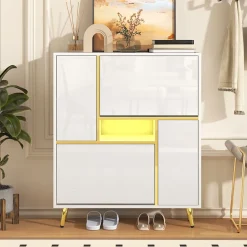 Meuble à chaussures 80 cm avec façade haute brillance et LED 16 couleurs, blanc mat et détails dorés, étagères