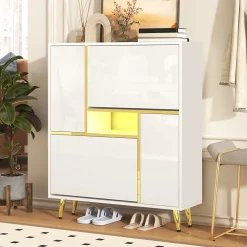 Meuble à chaussures 80 cm avec façade haute brillance et LED 16 couleurs, blanc mat et détails dorés, étagères