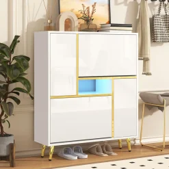 Meuble à chaussures 80 cm avec façade haute brillance et LED 16 couleurs, blanc mat et détails dorés, étagères