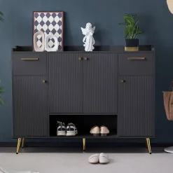 Meuble à chaussures 130 cm avec 2 tiroirs, 4 portes et compartiment ouvert, pieds hauts métal noir