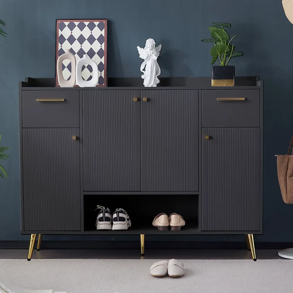 Meuble à chaussures 130 cm avec 2 tiroirs, 4 portes et compartiment ouvert, pieds hauts métal noir
