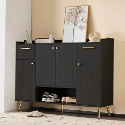Meuble à chaussures 130 cm avec 2 tiroirs, 4 portes et compartiment ouvert, pieds hauts métal noir