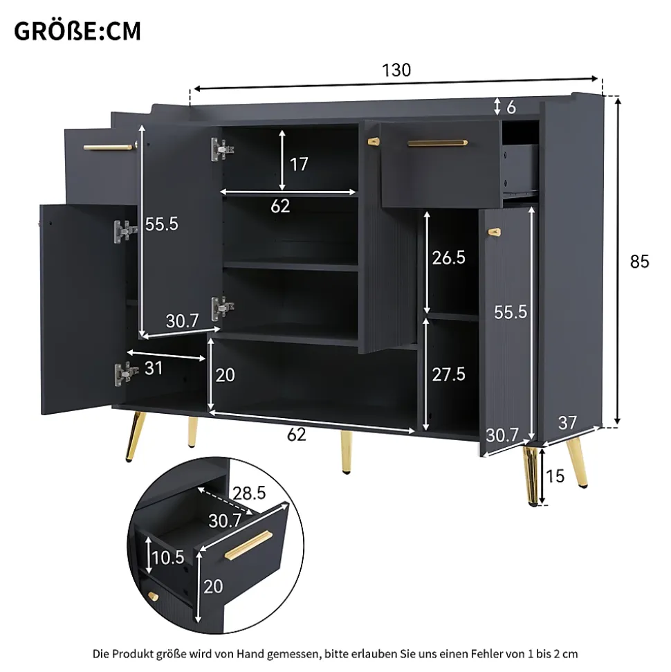 Meuble à chaussures 130 cm avec 2 tiroirs, 4 portes et compartiment ouvert, pieds hauts métal noir