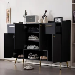 Meuble à chaussures 130 cm avec 2 tiroirs, 4 portes et compartiment ouvert, pieds hauts métal noir