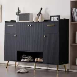 Meuble à chaussures 130 cm avec 2 tiroirs, 4 portes et compartiment ouvert, pieds hauts métal noir