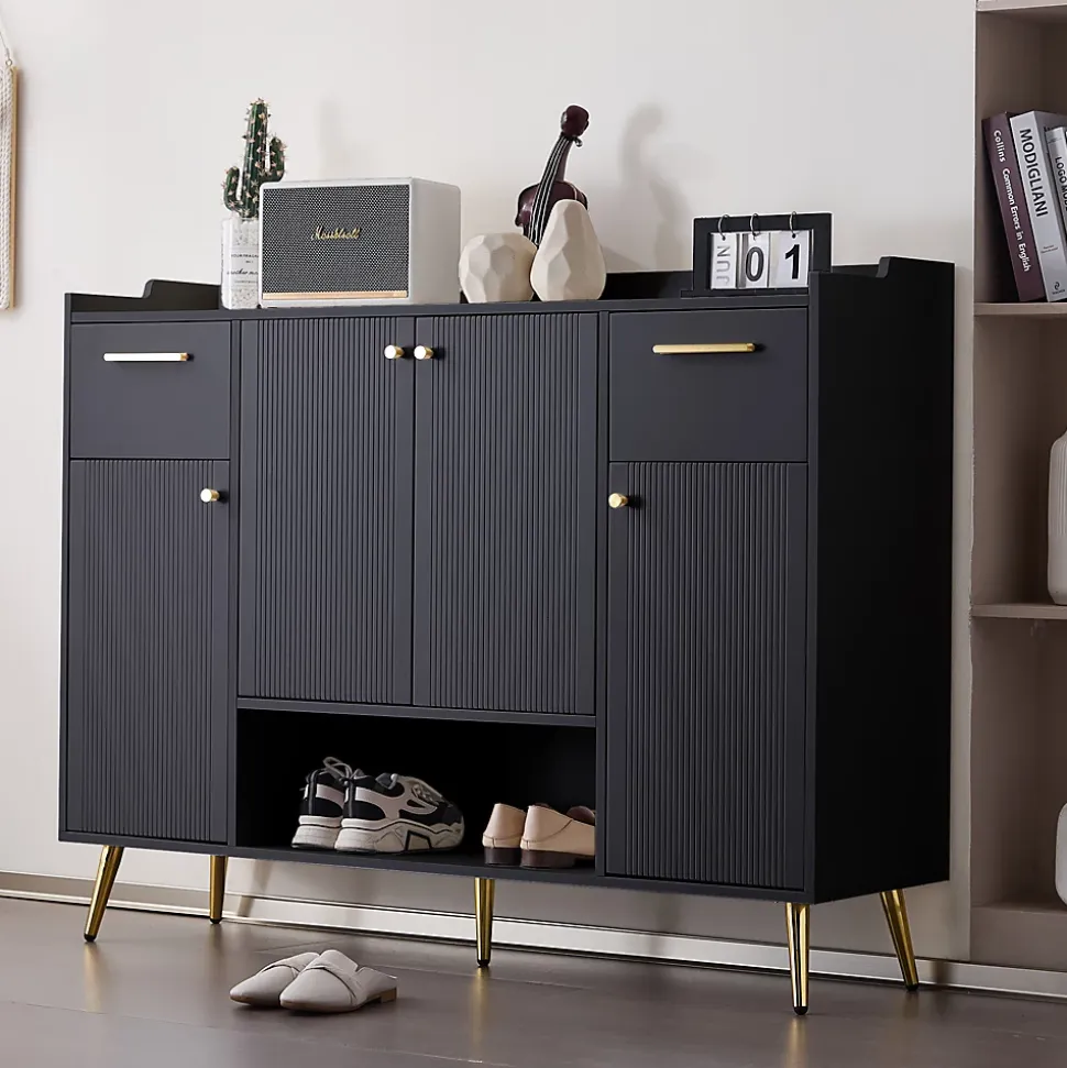 Meuble à chaussures 130 cm avec 2 tiroirs, 4 portes et compartiment ouvert, pieds hauts métal noir