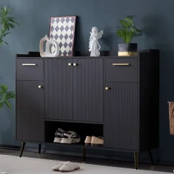 Meuble à chaussures 130 cm avec 2 tiroirs, 4 portes et compartiment ouvert, pieds hauts métal noir