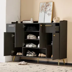 Meuble à chaussures 130 cm avec 2 tiroirs, 4 portes et compartiment ouvert, pieds hauts métal noir
