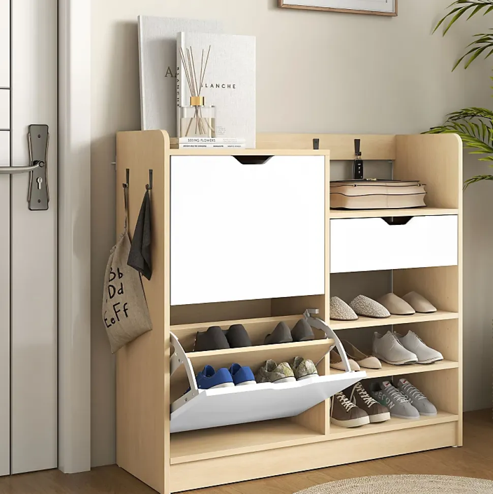 Meuble à chaussures 93 cm avec portes basculantes, étagères ouvertes, tiroir et 4 crochets, bois naturel