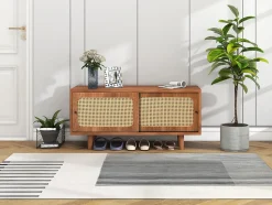 Meuble à chaussures 104 cm avec 2 portes en rotin synthétique, étagères réglables, finition noyer