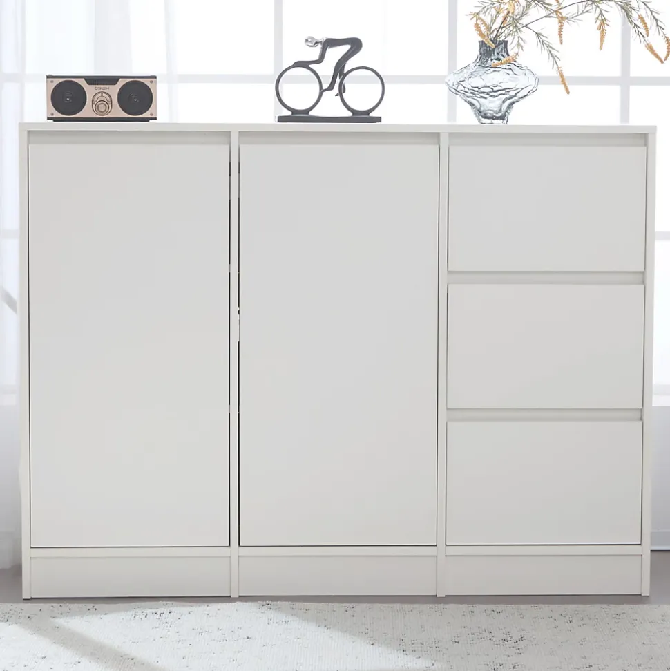 Meuble à chaussures 120 cm moderne blanc avec étagère réglable et charnières amorties, grand rangement