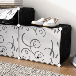 Meuble à chaussures 95 cm modulaire, 16 compartiments, structure métal noir et panneaux PP, design moderne