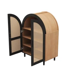 Meuble à chaussures 100 cm portes en rotin ajouré, 2 portes, 3 étagères réglables, métal noir bois naturel
