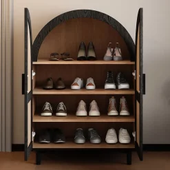 Meuble à chaussures 100 cm portes en rotin ajouré, 2 portes, 3 étagères réglables, métal noir bois naturel