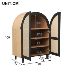 Meuble à chaussures 100 cm portes en rotin ajouré, 2 portes, 3 étagères réglables, métal noir bois naturel