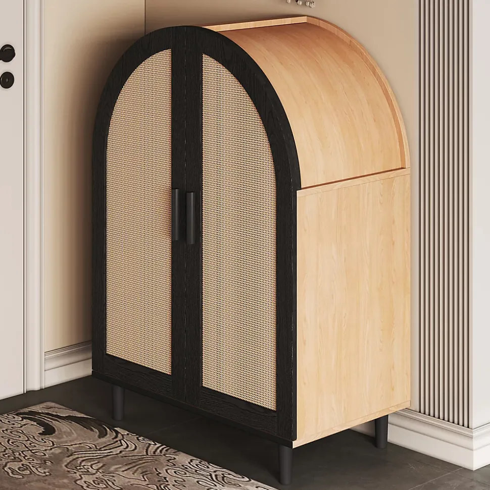 Meuble à chaussures 100 cm portes en rotin ajouré, 2 portes, 3 étagères réglables, métal noir bois naturel