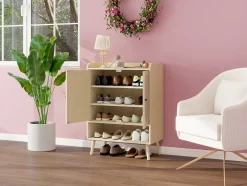 Meuble à chaussures à deux portes, aspect bois naturel et rotin tressé, rangement pratique pour entrée et couloir