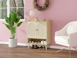 Meuble à chaussures à deux portes, aspect bois naturel et rotin tressé, rangement pratique pour entrée et couloir