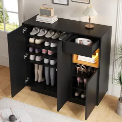 Meuble à Chaussures - Meuble entrée avec 16 Couleurs LED et Tiroirs Ajustables - Bois et Métal, Noir, 105x39,5x100,5 cm