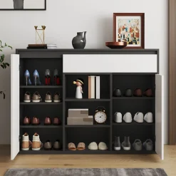 Meuble à Chaussures - Meuble entrée avec Étagères Ajustables et Grande Capacité - Noir et Blanc - 105x39,5x86 cm