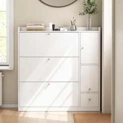 Meuble à Chaussures - Meuble d'entrée Basculant avec 3 Tiroirs et Banc - Meuble Pratique et Moderne - Blanc - 119x24x122 cm