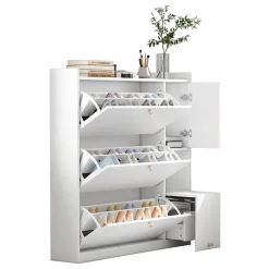 Meuble à Chaussures - Meuble d'entrée Basculant avec 3 Tiroirs et Banc - Meuble Pratique et Moderne - Blanc - 119x24x122 cm