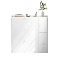 Meuble à Chaussures - Meuble d'entrée Basculant avec 3 Tiroirs et Banc - Meuble Pratique et Moderne - Blanc - 119x24x122 cm