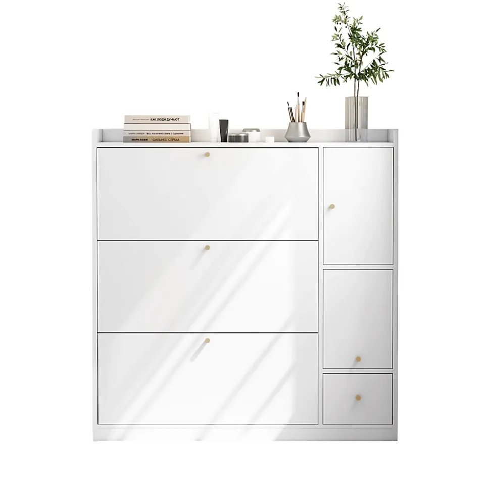 Meuble à Chaussures - Meuble d'entrée Basculant avec 3 Tiroirs et Banc - Meuble Pratique et Moderne - Blanc - 119x24x122 cm