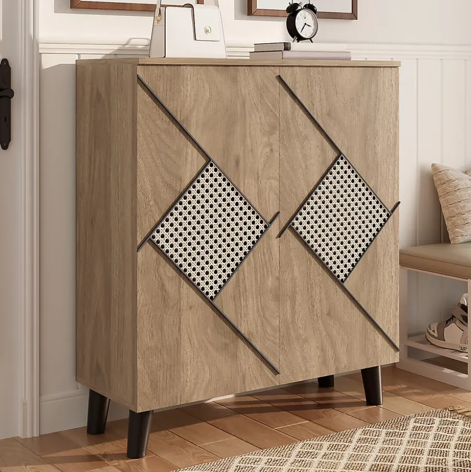 Meuble à Chaussures - Meuble d'entrée avec Motif en Rotin et Portes Fermées, Structure PB et Étagères Internes, 80x31x91 cm - Bois