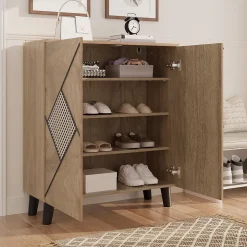 Meuble à Chaussures - Meuble d'entrée avec Motif en Rotin et Portes Fermées, Structure PB et Étagères Internes, 80x31x91 cm - Bois