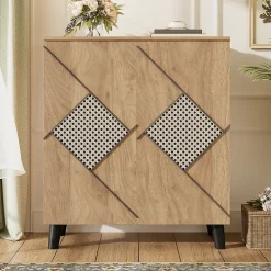 Meuble à Chaussures - Meuble d'entrée avec Motif en Rotin et Portes Fermées, Structure PB et Étagères Internes, 80x31x91 cm - Bois