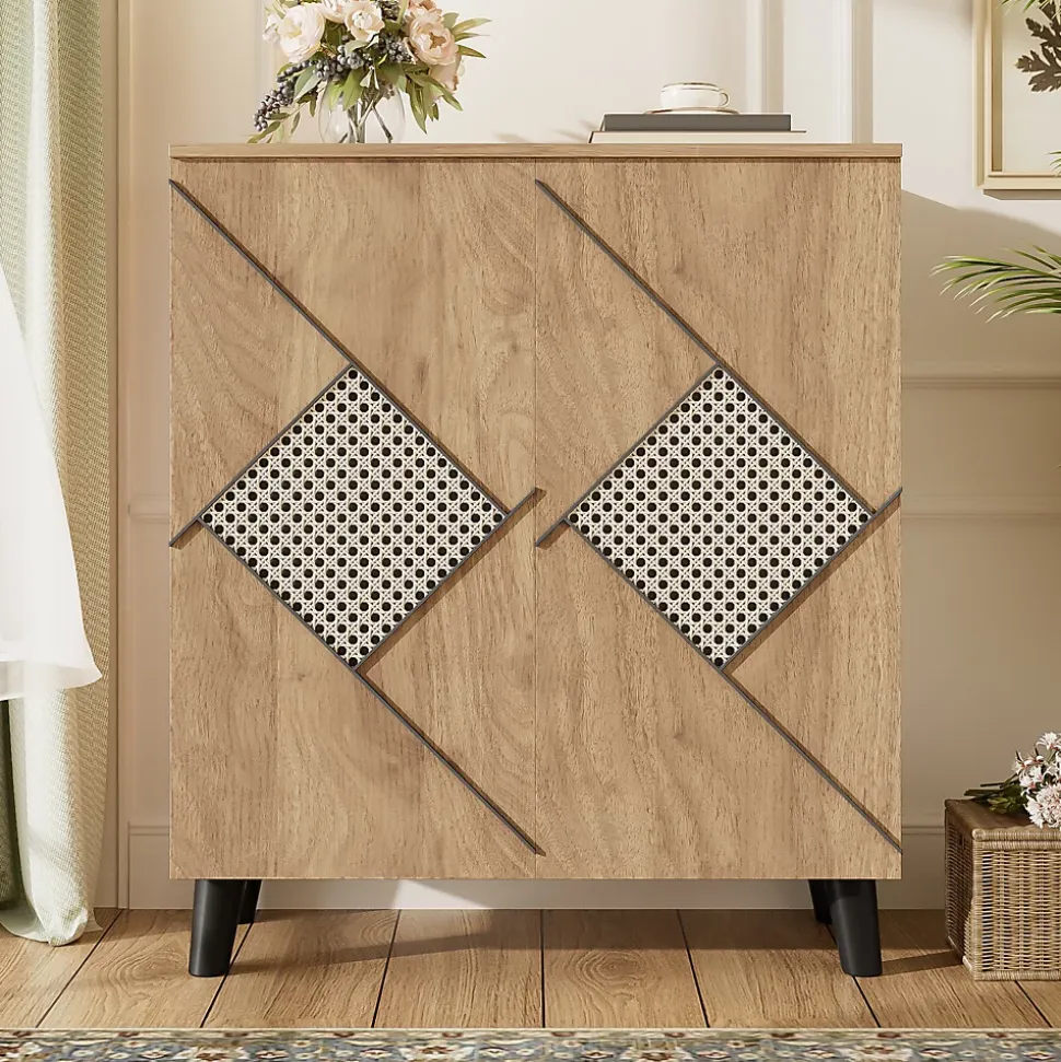 Meuble à Chaussures - Meuble d'entrée avec Motif en Rotin et Portes Fermées, Structure PB et Étagères Internes, 80x31x91 cm - Bois