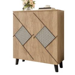 Meuble à Chaussures - Meuble d'entrée avec Motif en Rotin et Portes Fermées, Structure PB et Étagères Internes, 80x31x91 cm - Bois