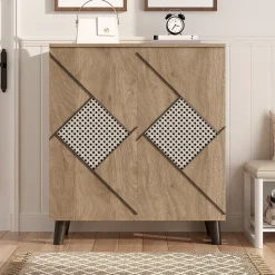 Meuble à Chaussures - Meuble d'entrée avec Motif en Rotin et Portes Fermées, Structure PB et Étagères Internes, 80x31x91 cm - Bois