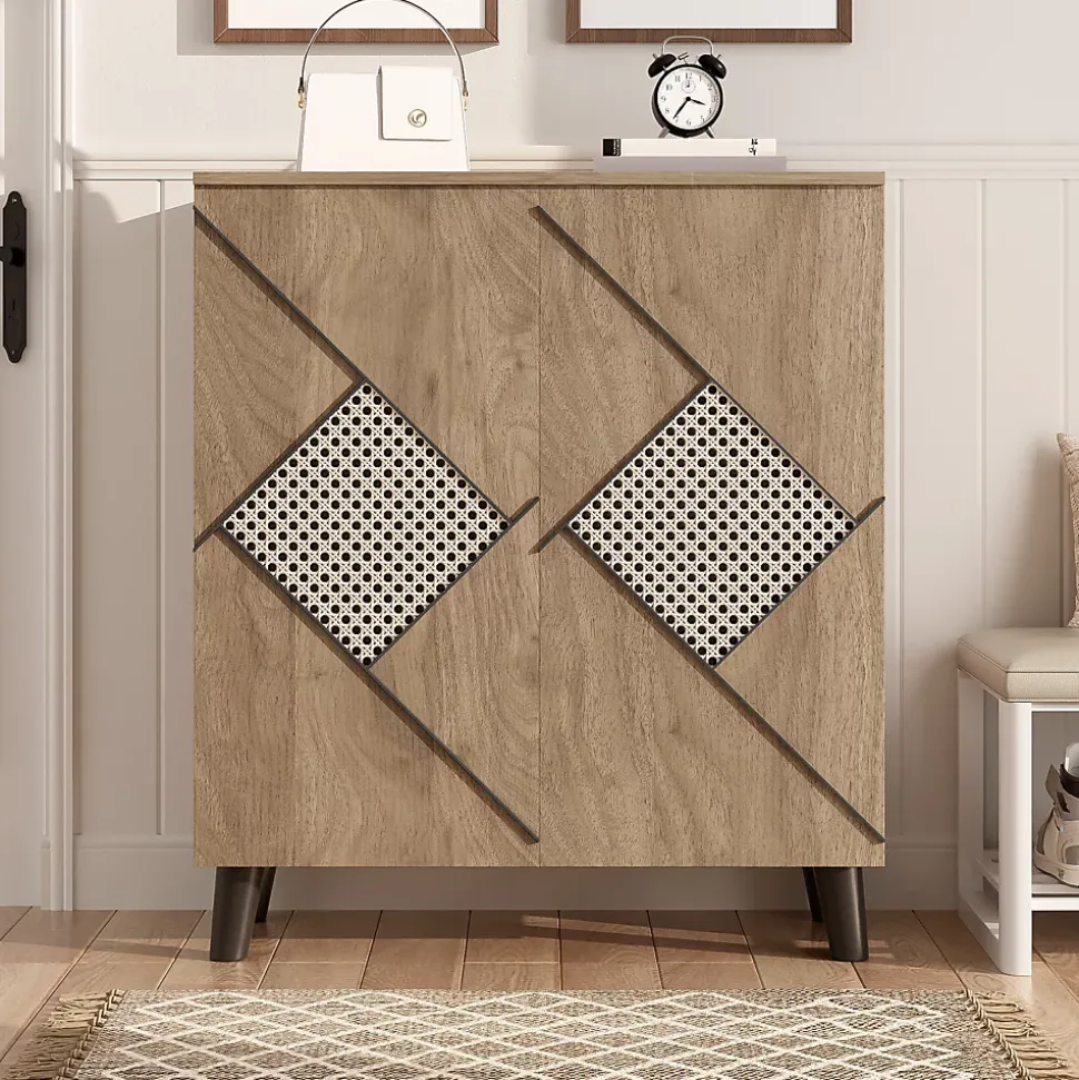 Meuble à Chaussures - Meuble d'entrée avec Motif en Rotin et Portes Fermées, Structure PB et Étagères Internes, 80x31x91 cm - Bois