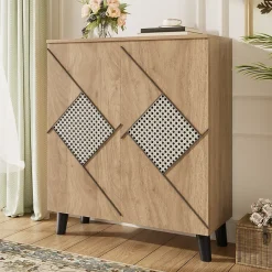 Meuble à Chaussures - Meuble d'entrée avec Motif en Rotin et Portes Fermées, Structure PB et Étagères Internes, 80x31x91 cm - Bois